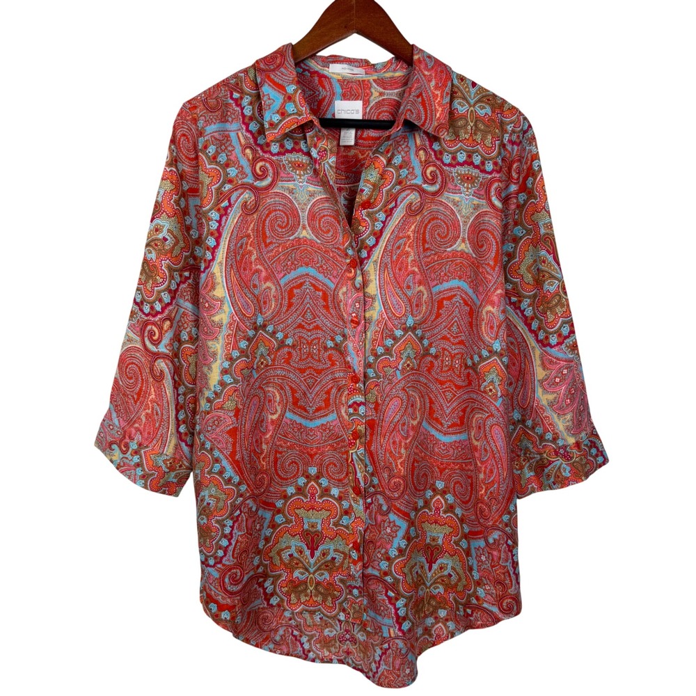 Chicos Paisley Button Up Shirt Women 2 Large No-Iron Linen 3/4 Sleeve Artsy Boho